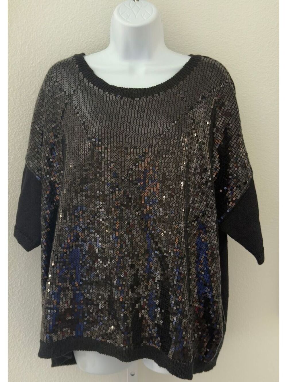 Donna Karan Black Short Sleeve Sequin Sweater Women Size XL